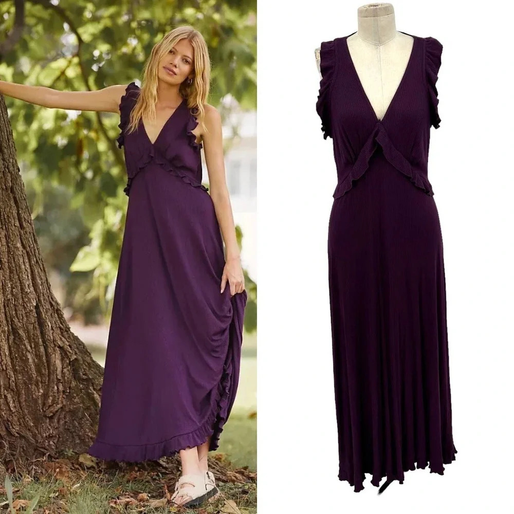 Anthropologie Maxi Dress Deep-V Ruffled Sleeveless Viscose Purple Size Medium